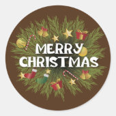 Holly Pine Tree Decoration Frohe Weihnachten Runder Aufkleber (Vorderseite)