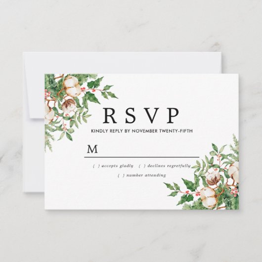 Holly Pine White Floral Winter Wedding RSVP Karte (Vorderseite)