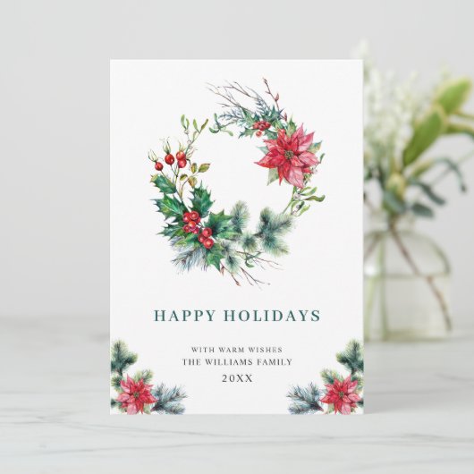 Holly Poinsettia Weihnachtsgrüßen Feiertagskarte (Stehend Vorderseite)