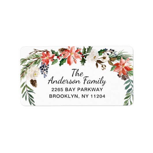 Holly Poinsettia Wreath Christmas Rücksendeadresse Adressaufkleber (Vorne)