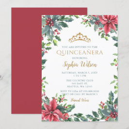 Holly Poinsettias Gold Princess Tiara Quinceañera Einladung