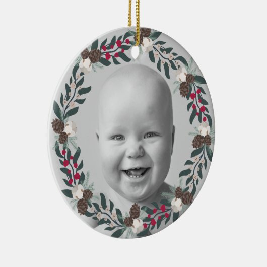 Holly, Red Berries and Pinecone Wreath Foto Keramik Ornament (Rechts)