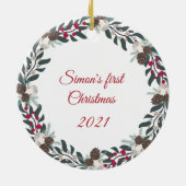 Holly, Red Berries and Pinecone Wreath Foto Keramik Ornament (Hinten)