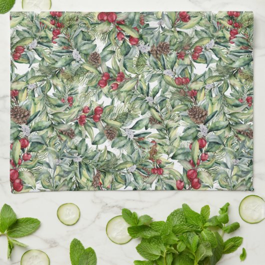 Holly, Red Berries, Mistletoe, Weihnachtsgrün Geschirrtuch (Gefaltet)