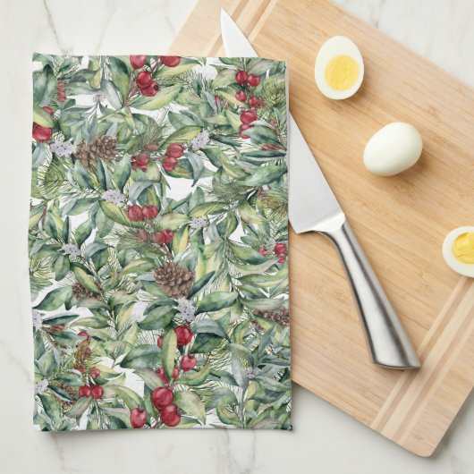Holly, Red Berries, Mistletoe, Weihnachtsgrün Geschirrtuch (Viertel Falte)
