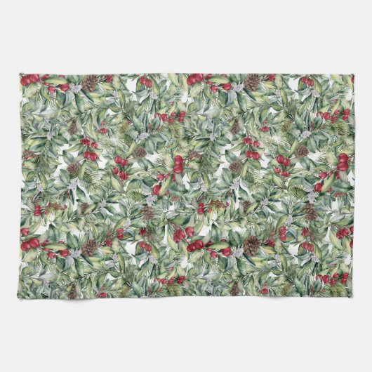 Holly, Red Berries, Mistletoe, Weihnachtsgrün Geschirrtuch (Horizontal)