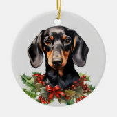 Holly Red Berry Black Tan Dackel Dog Keramik Ornament (Vorne)