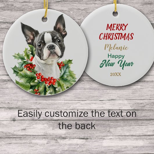 Holly Red Berry Boston Terrier Dog Keramik Ornament