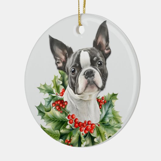 Holly Red Berry Boston Terrier Dog Keramik Ornament (Links)