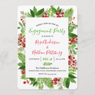 Holly Red Berry Christmas Modern Engagement Party Einladung