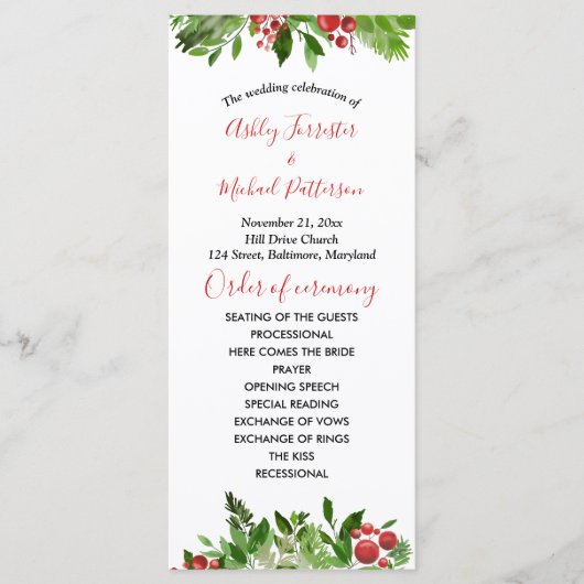 Holly Red Berry Christmas Modern Wedding Program Programm (Vorderseite)
