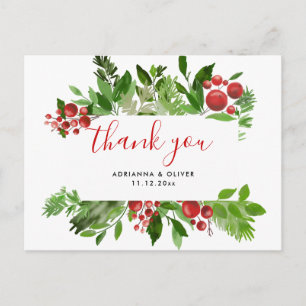 Holly Red Berry Christmas Modern Wedding Vielen Da Postkarte