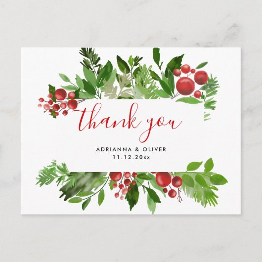 Holly Red Berry Christmas Modern Wedding Vielen Da Postkarte (Vorderseite)