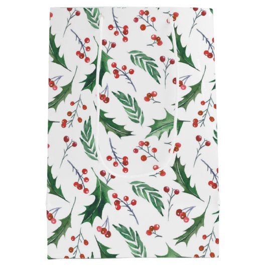 Holly Red Berry Christmas Pattern Mittlere Geschenktüte (Rückseite)