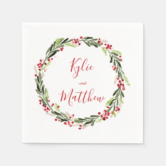 Holly Red Berry Christmas Wreath Wedding Monogram Serviette (Vorderseite)