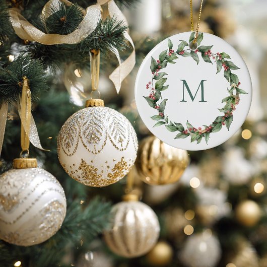 Holly Red Berry Mit Monogramm Wreath Keramik Ornament