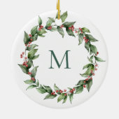 Holly Red Berry Mit Monogramm Wreath Keramik Ornament (Hinten)