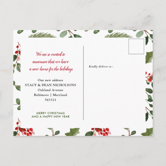 Holly Red Berry New Zuhause | Wir haben uns bewegt Ankündigungspostkarte (Rückseite)