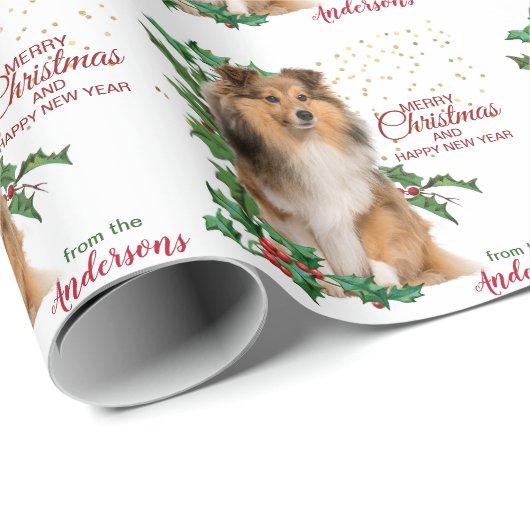 Holly Red Berry Shetland Sheepdog Weihnachten Geschenkpapier (Rolleneckpunkt)