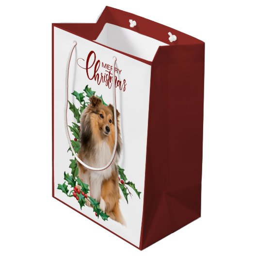 Holly Red Berry Shetland Sheepdog Weihnachten Mittlere Geschenktüte (Rückseite Schrägansicht)