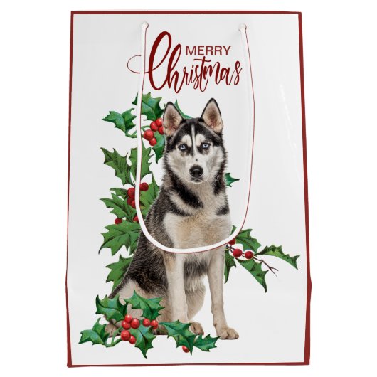Holly Red Berry Siberian Husky Dog Weihnachten Mittlere Geschenktüte (Rückseite)