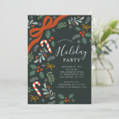 Holly Ribbon Bow Holiday Party Einladung (Stehend Vorderseite)