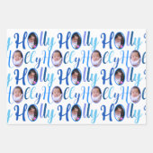 HOLLY Script Blue On White 4 Foto Weihnachten Geschenkpapier Set (Vorderseite)