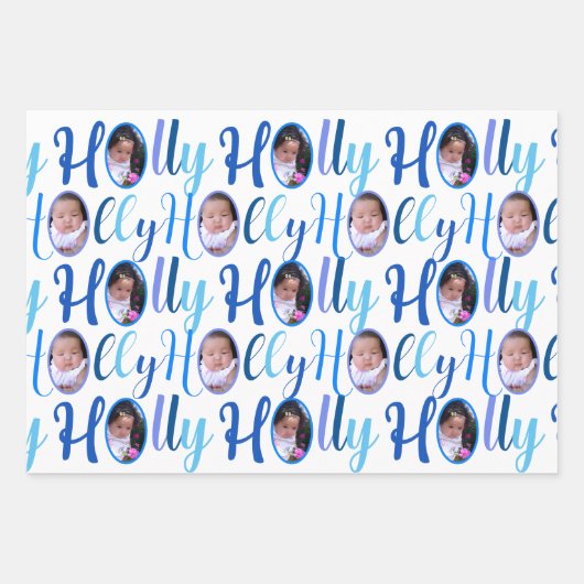 HOLLY Script Blue On White 4 Foto Weihnachten Geschenkpapier Set (Vorderseite)