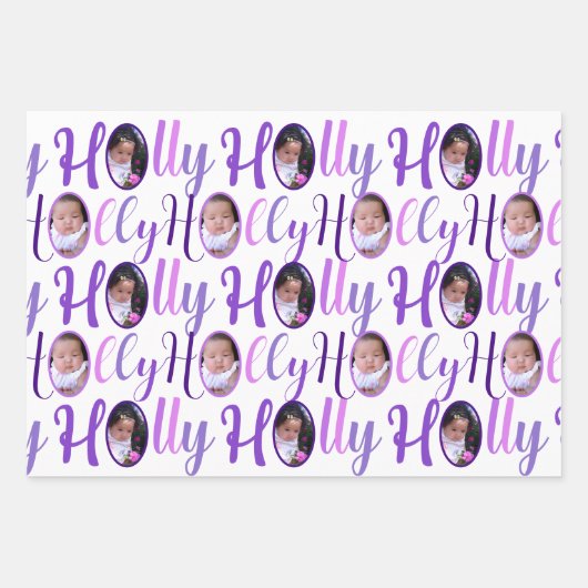 HOLLY Script Lila auf White 4 Foto Weihnachten Geschenkpapier Set (Vorderseite)