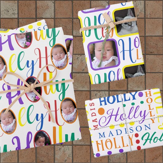 HOLLY Script Regenbogen auf White 4 Foto Weihnacht Geschenkpapier Set