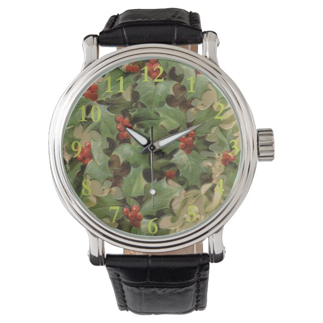 Holly Tree Weihnachtsfeiertag Vintag Armbanduhr (Vorderseite)