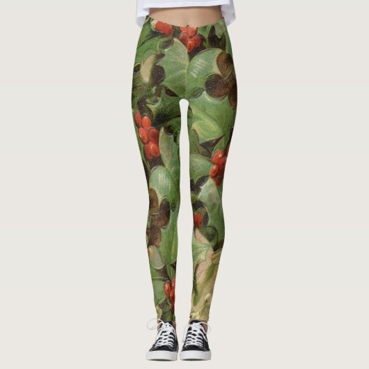 Holly Tree Weihnachtsfeiertag Vintag Leggings (Vorderseite)