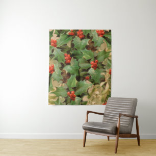 Holly Tree Weihnachtsfeiertag Vintag Wandteppich