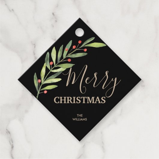 Holly und Berries auf dem Schwarzen Weihnachtsplat Geschenkanhänger (Vorderseite)