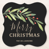 Holly und Berries auf der schwarzen frohen Weihnac Untersetzer (Vorderseite)