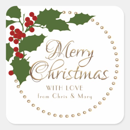 Holly und Berries frohe Weihnachten zu und von Quadratischer Aufkleber (Vorderseite)