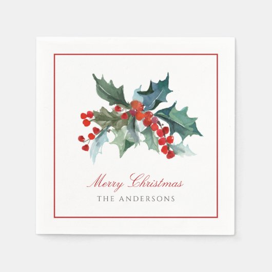 Holly und Berries mit Familienname Weihnachten Serviette (Vorderseite)