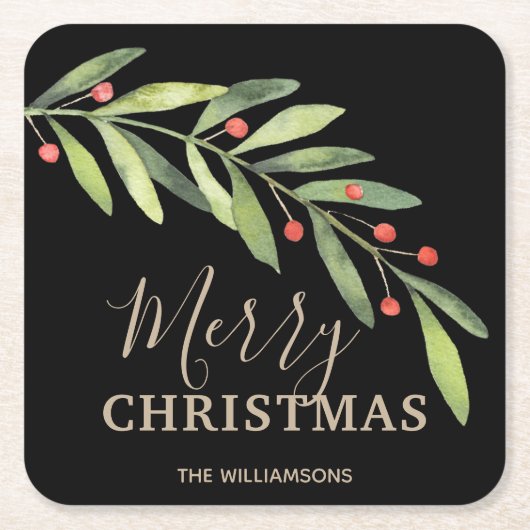 Holly und Berries über Schwarz Frohe Weihnachten Rechteckiger Pappuntersetzer (Vorderseite)
