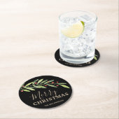 Holly und Berries über Schwarz Frohe Weihnachten Runder Pappuntersetzer (Vor Ort)