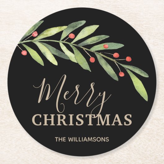 Holly und Berries über Schwarz Frohe Weihnachten Runder Pappuntersetzer (Vorderseite)