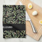 Holly und Berries über Schwarze Weihnachten Geschirrtuch (Viertel Falte)