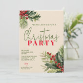 Holly und Pine auf Beige Weihnachten Party Einladung (Stehend Vorderseite)