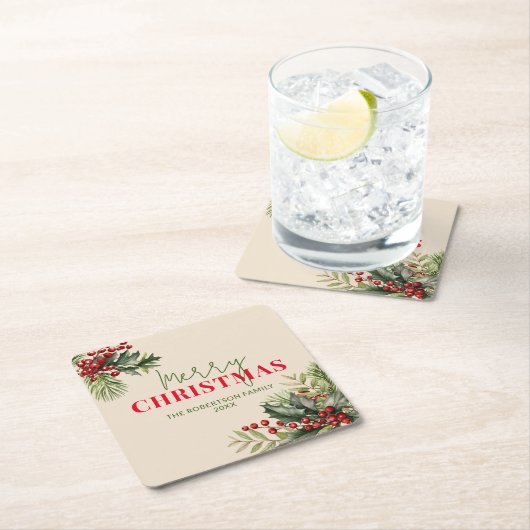 Holly und Pine auf Beige Weihnachten Party Rechteckiger Pappuntersetzer (Vor Ort)