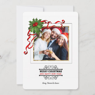 Holly und Red Ribbon Photo Weihnachtskarte Einladung