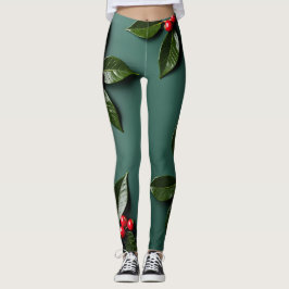 Holly Verlasst und Berries auf einer tiefen grünen Leggings