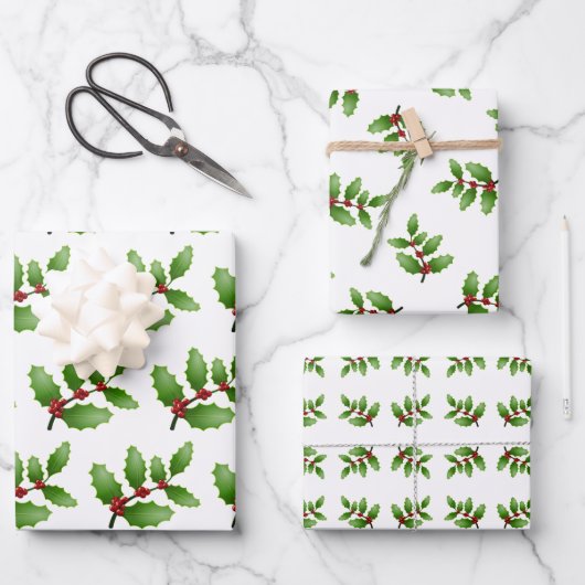 Holly Verlasst weiße Weihnachtswrapping Paper Shee Geschenkpapier Set (Vorderseite)