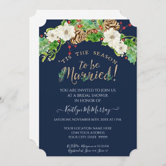 Holly White Floral Navy Weihnachtsfest Brautparty Einladung (Vorne/Hinten)