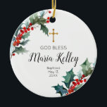 Holly Winter Floral Personalisiert Girl Baptisse Keramik Ornament<br><div class="desc">Holly Winter Floral Personalisiert Girl Taufe</div>