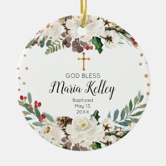 Holly Winter Floral Personalisiert Girl Baptisse Keramik Ornament (Vorne)