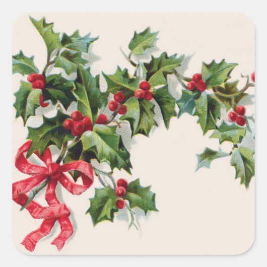 Holly Winterberry Red Ribbon Quadratischer Aufkleber (Vorderseite)